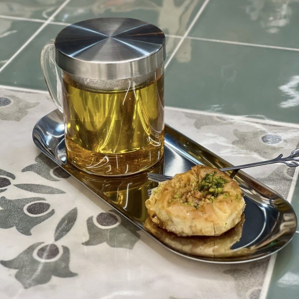 لیوان دمنوش پیرکس با درب و صافی استیل 1195